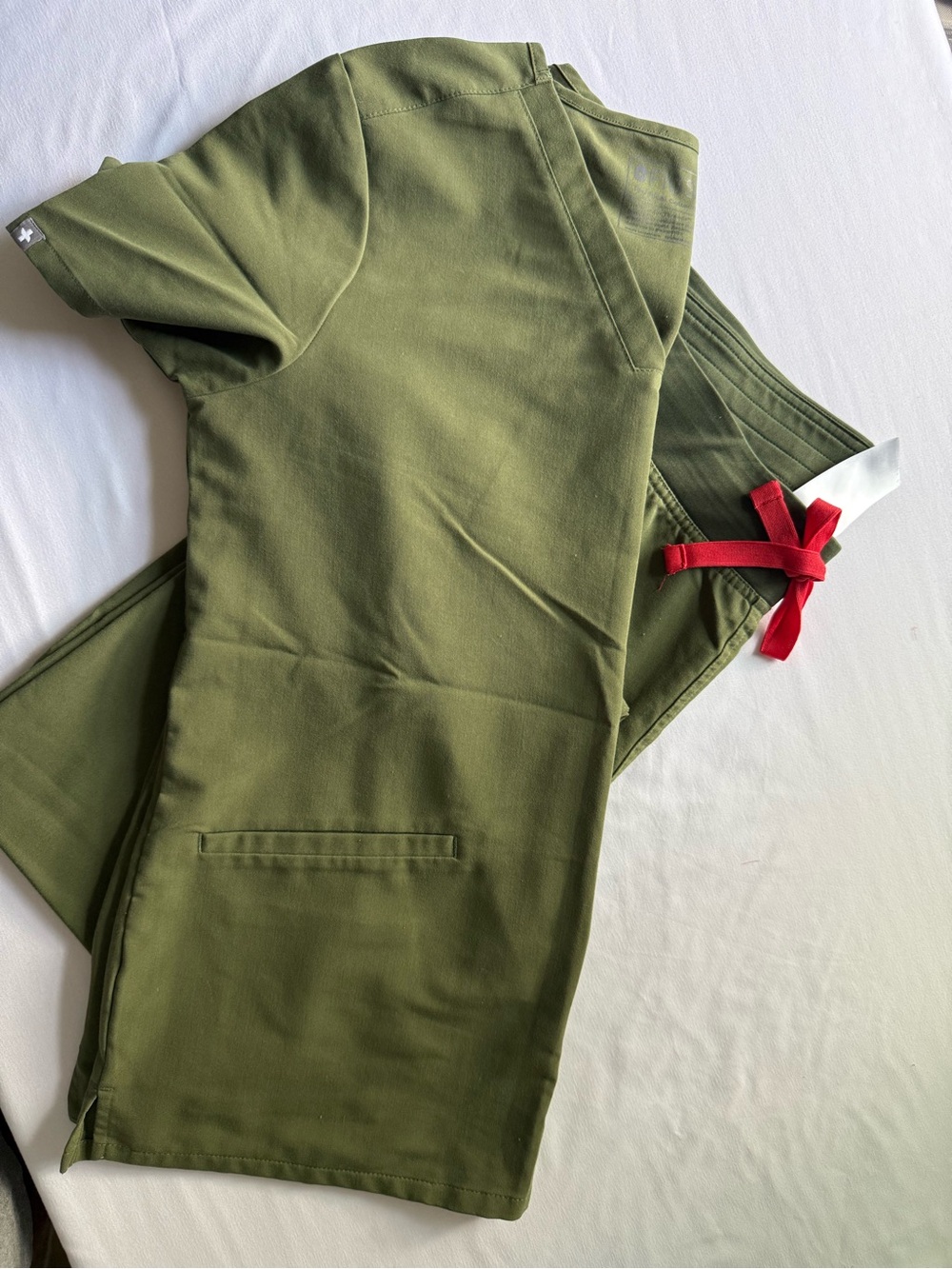 Figs Olive Green Women’s Jogger Scrub Pants with Red Drawcord